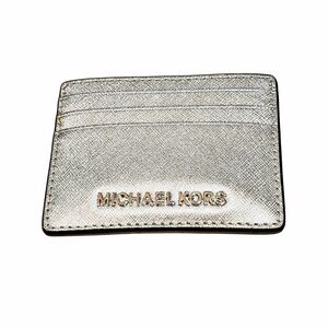 Michael Kors Jet Set Crosshatch Leather Card Holder In Silver